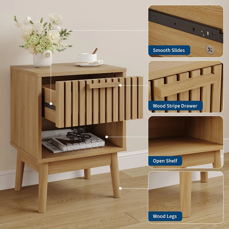 gaomon 2 Pack Boho Nightstand, Fluted Wood Drawer and Open Shelf Bedside Table, Small Side Table with Slatted Design for Bedroom, Dorm and Living Room