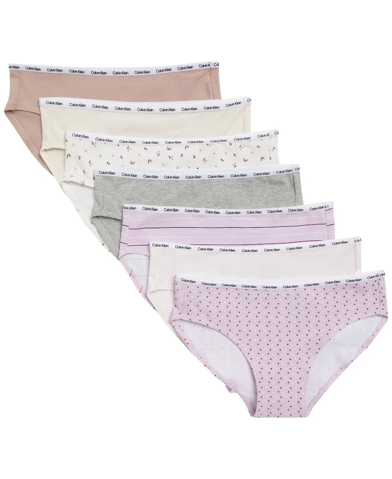 Calvin Klein Girls' 6-16 Floral Heart Stripe Cotton-Stretch Bikinis, 7-Pack