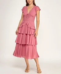 Row A Juniors' Lace Trim Tiered Midi Dress