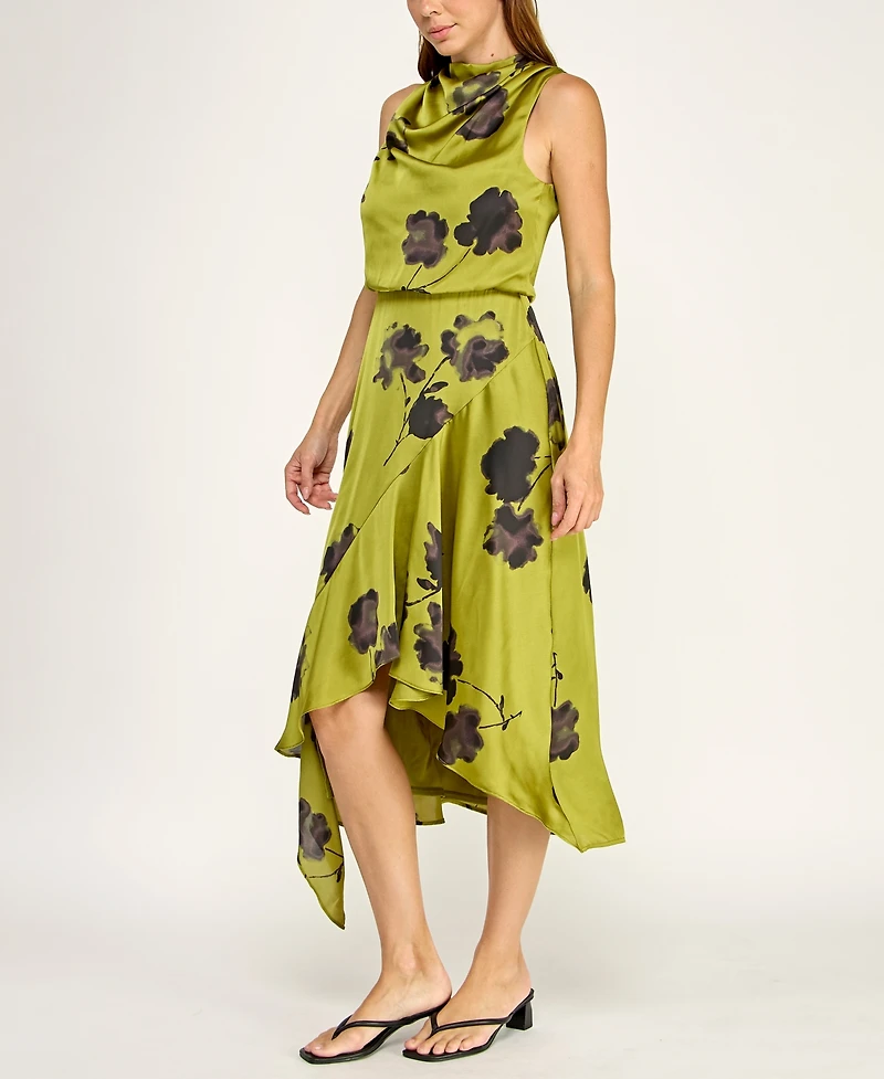 Row A Juniors' Cowl Neck Asymmetric Midi Dress