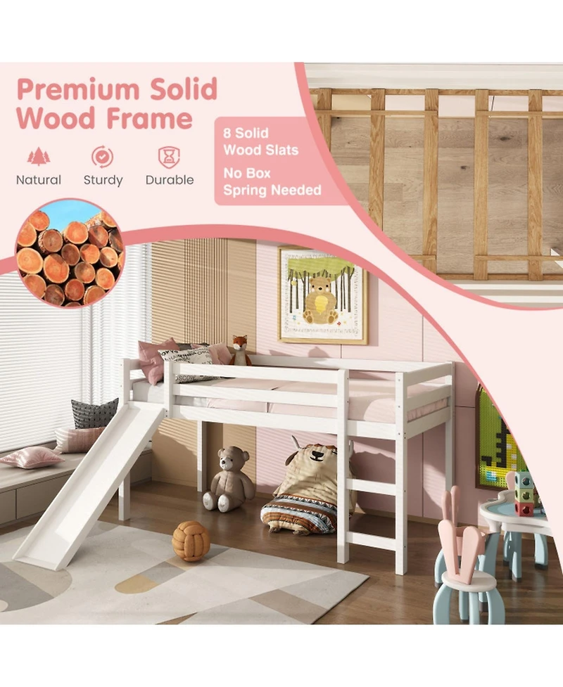 Gouun Twin Low Loft Bed with Slide and Double Ladder Access