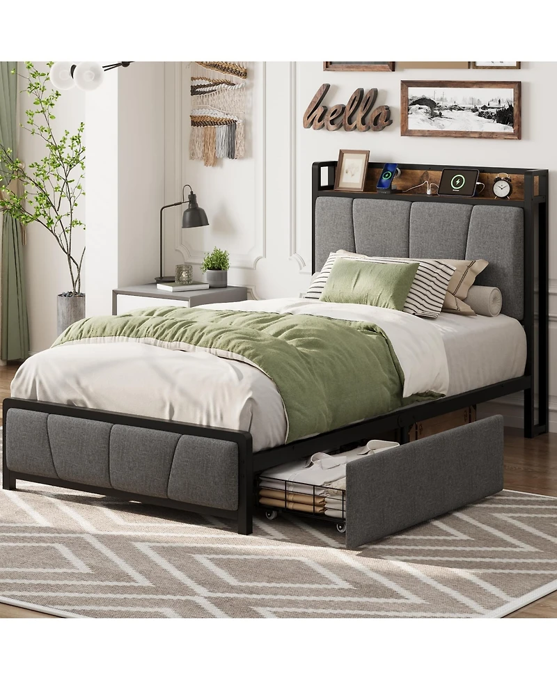 homfan Upholstered Bed Frame with Storage Headboard, Charging Station, 2 Drawers, Metal Slat Support