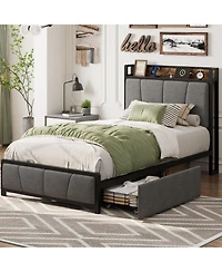 homfan Upholstered Bed Frame with Storage Headboard, Charging Station, 2 Drawers, Metal Slat Support