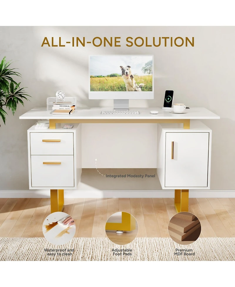 Sugift 51-Inch Computer Desk with 2 Drawers and Storage Cabinet, Modern Home Office Desk with Built-in Outlets