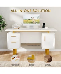 Sugift 51-Inch Computer Desk with 2 Drawers and Storage Cabinet, Modern Home Office Desk with Built-in Outlets