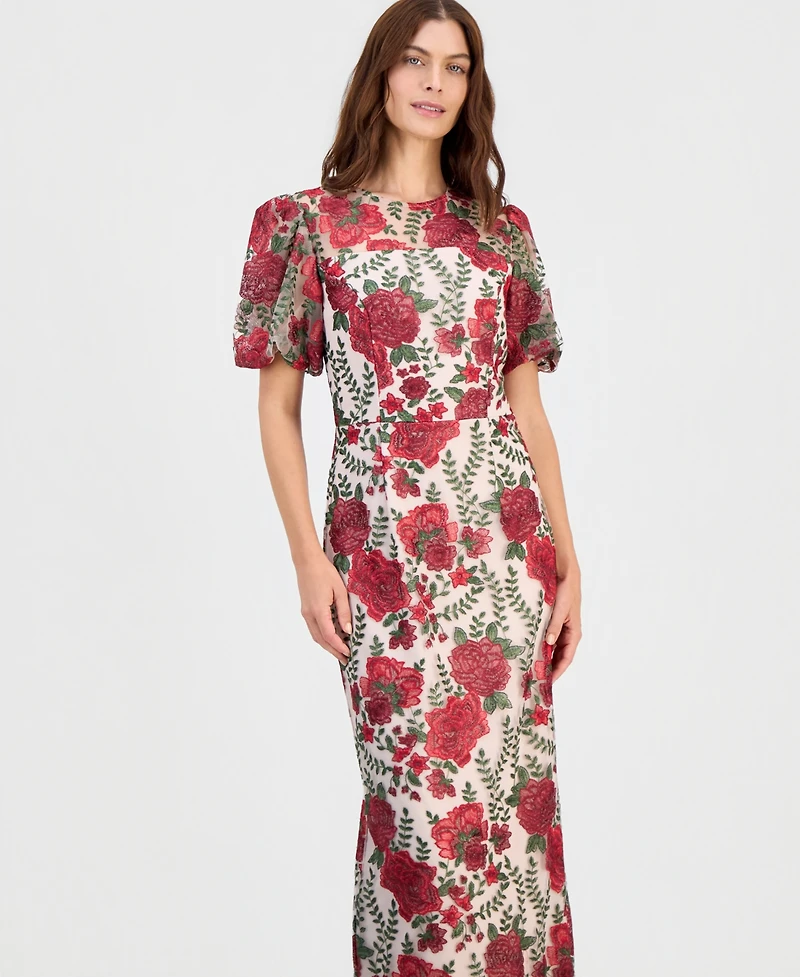 Adrianna Papell Women's Embroidered Puff Sleeve Dress