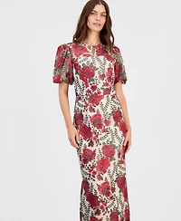 Adrianna Papell Women's Embroidered Puff Sleeve Dress