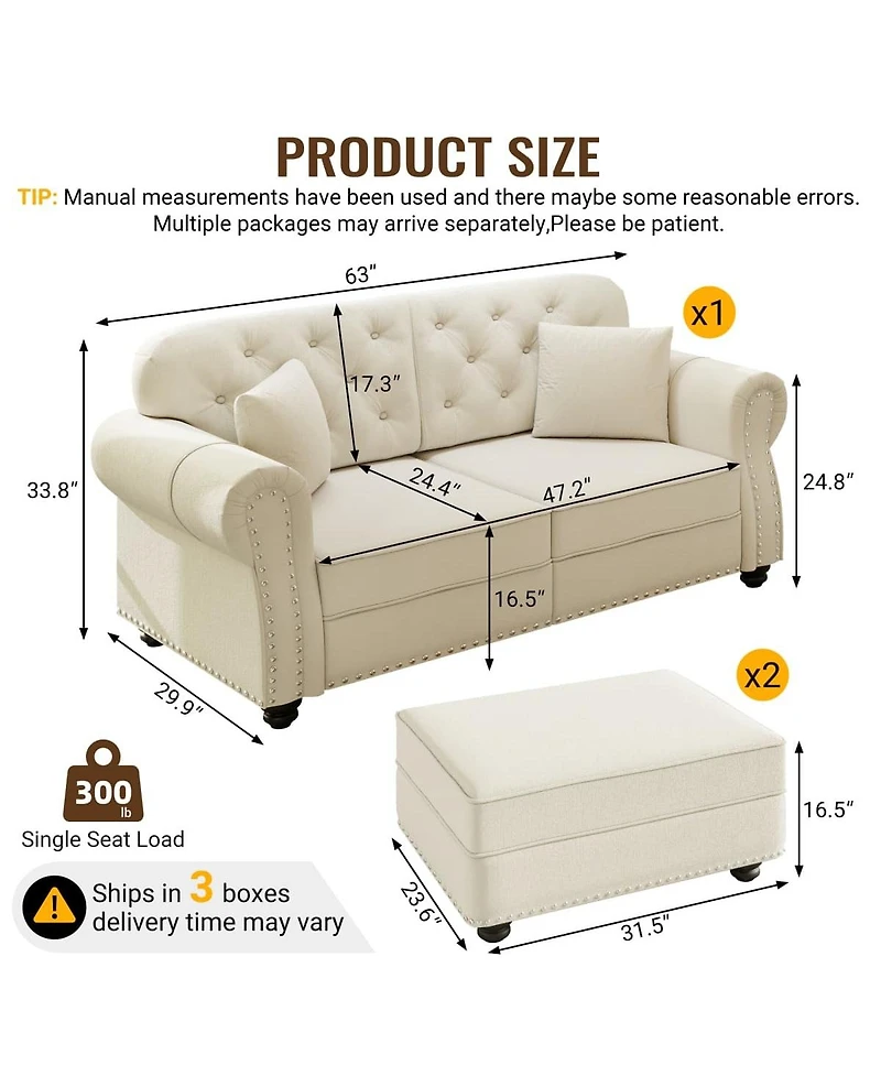 Maison Boucle 63'' Velvet Loveseat Set with 2 Ottomans, Chesterfield Nailhead Tufted