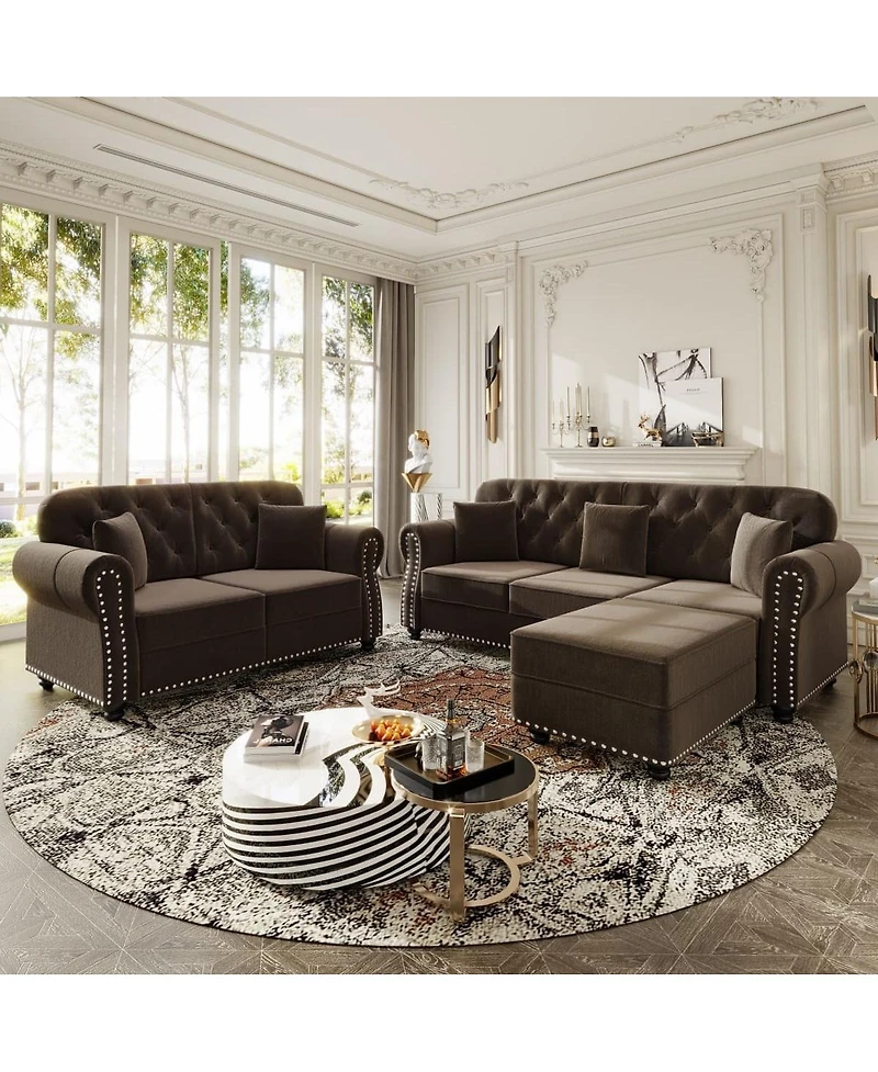 Maison Boucle Velvet Loveseat Sofa, Chesterfield Tufted Nailhead, Rolled Arms