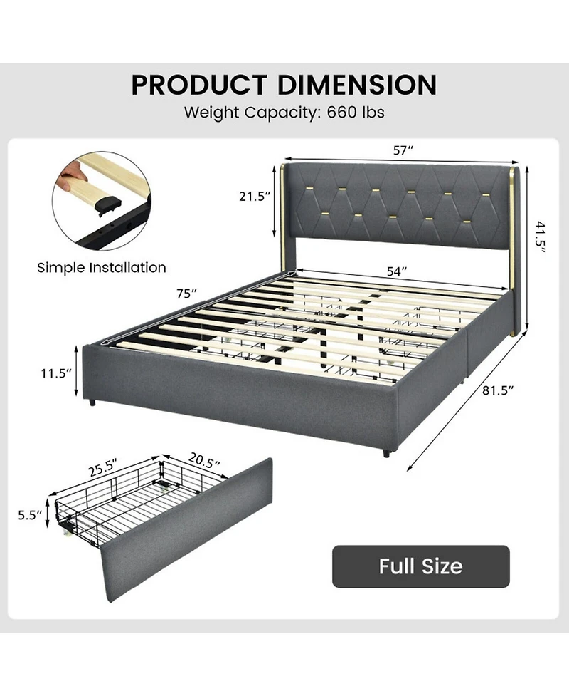 Gouun Full Upholstered Platform Bed Frame with 4 Rolling Storage Drawers