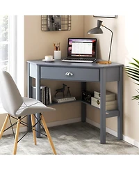 Gouun Corner Computer Desk Solid Pine Wood Drawer Open Shelves Laptop