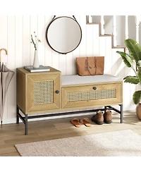 Farmhouse Shoe Bench, 39 Inch Wood Storage Bench with Rattan Cabinet and Drawer, Cushioned Entryway Seating for Hallway