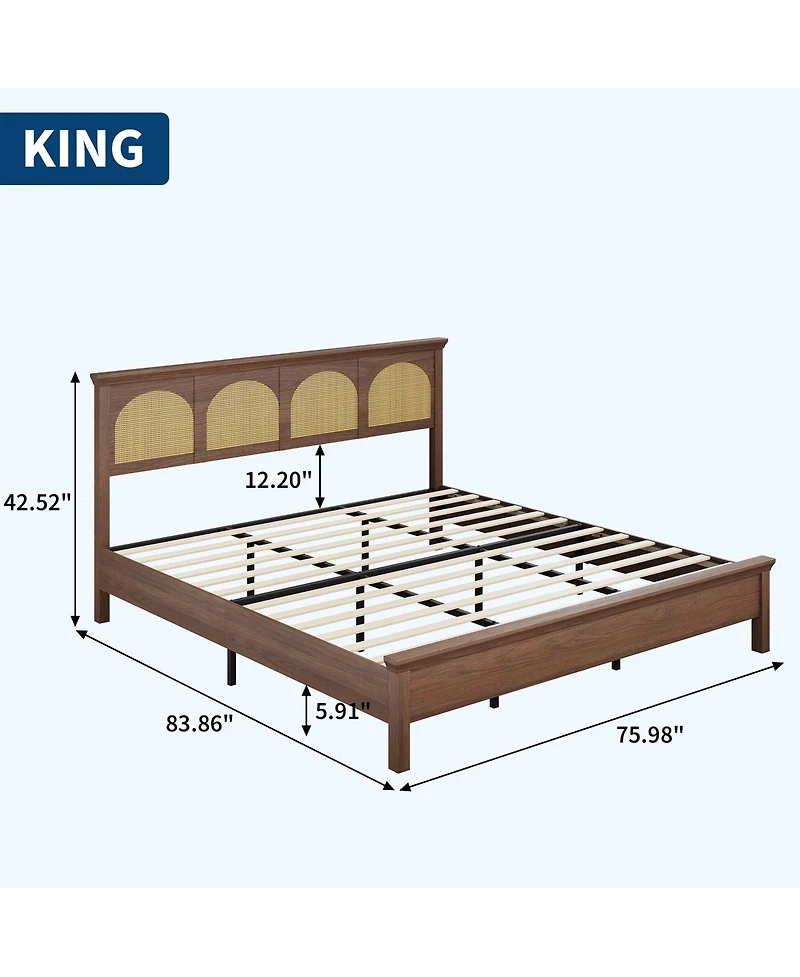 homfan Bed Frame with Rattan Headboard, Wooden Platform Bed with Storage Shelf and Under Bed Storage for Bedroom