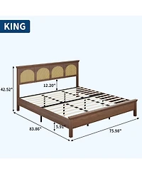 homfan Bed Frame with Rattan Headboard, Wooden Platform Bed with Storage Shelf and Under Bed Storage for Bedroom