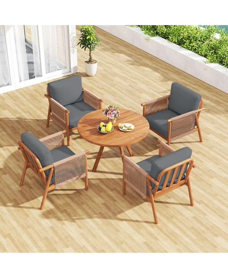Gouun Set of 2 Acacia Wood Patio Chairs with Woven Rope Armrests and Padded Cushions