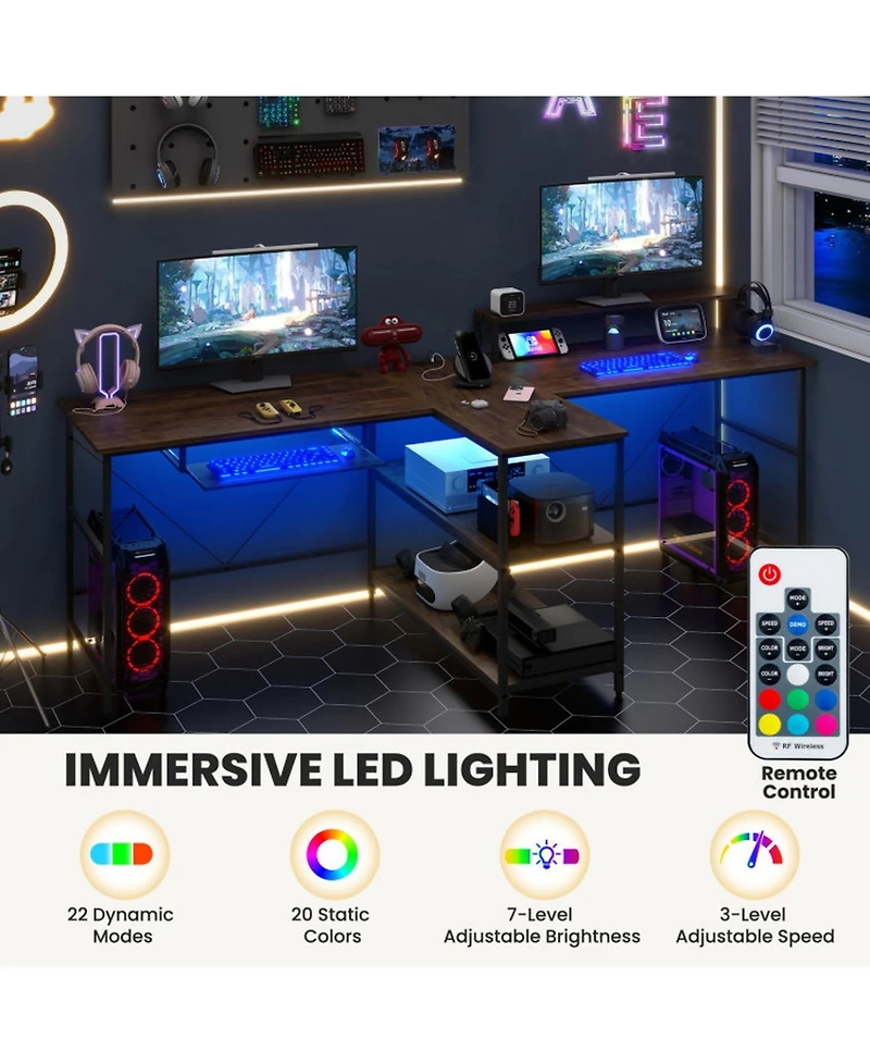 Gouun 2-Person Computer Desk Led Lights Monitor Stand Storage