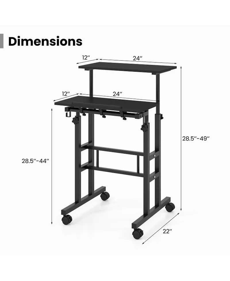 Gouun Rolling Standing Desk with Split-Level Tabletop and Wheels