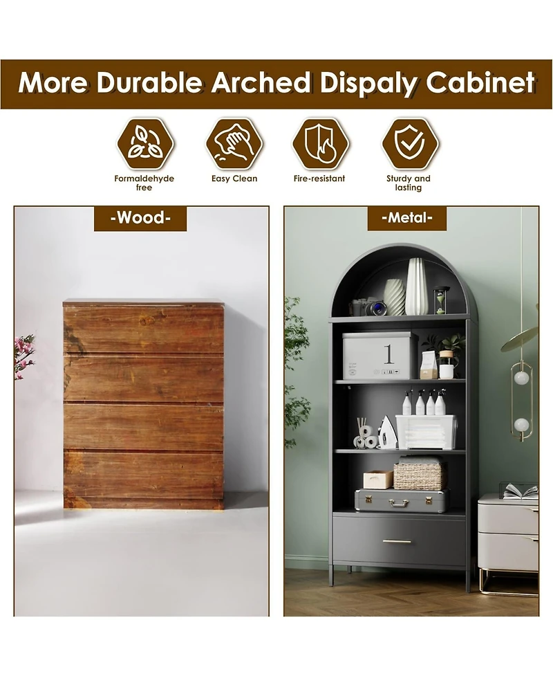 Boyel Living Arched Metal Bookshelf with Drawer, Modern Open Display Cabinet and Tall Storage Shelf