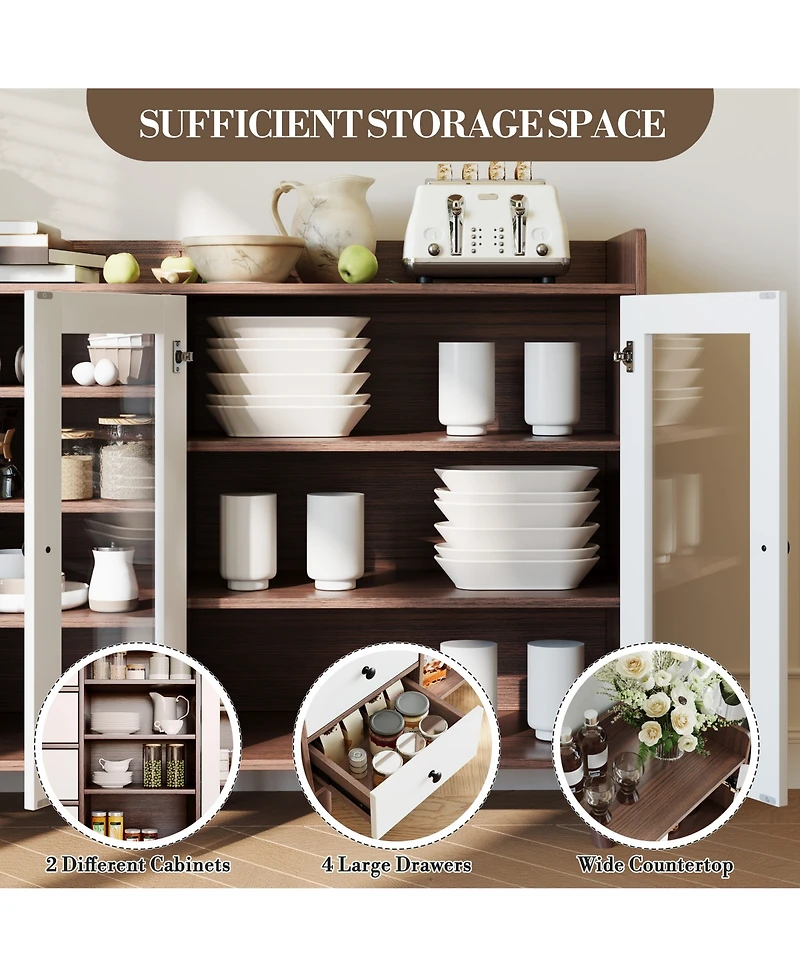 homfan Glass Door Sideboard Cabinet with Grille Design, Buffet Server Storage Shelves for Dining Room Living