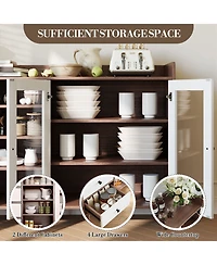 homfan Glass Door Sideboard Cabinet with Grille Design, Buffet Server Storage Shelves for Dining Room Living