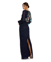Mac Duggal Women's Sequined Floral Blouson Long-Sleeve Gown