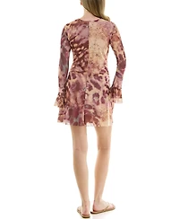 Rare Juniors' Mesh Animal Print Crewneck Tie-Front Mini Dress