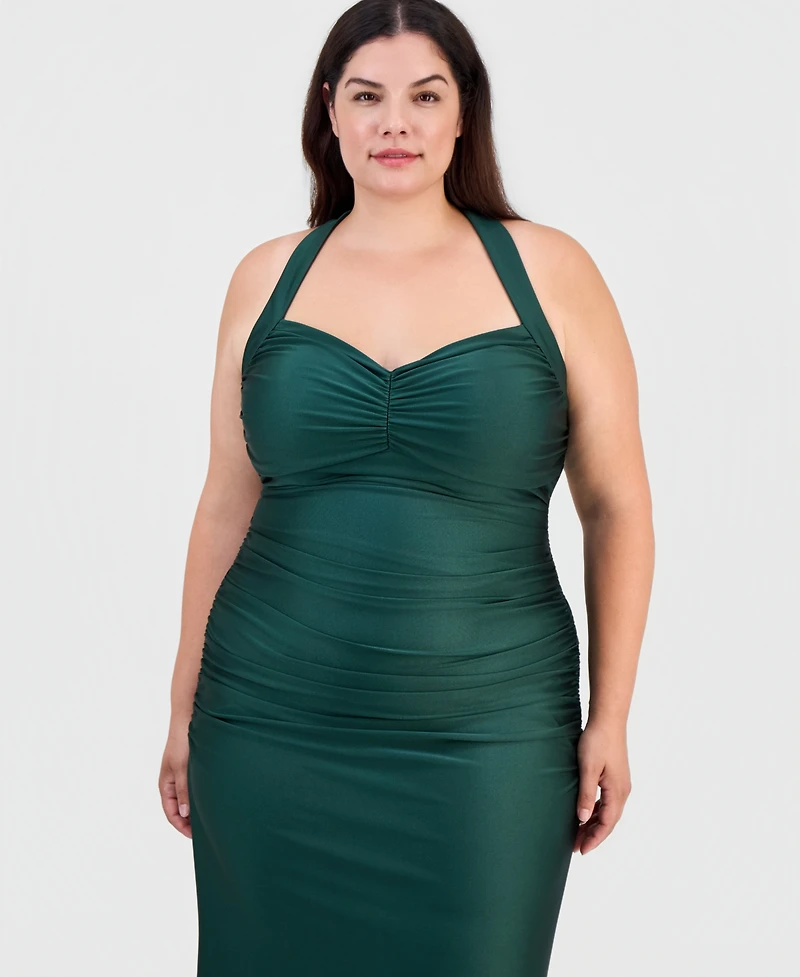 B Darlin Trendy Plus Shiny Knit Ruched Back-Tie Gown