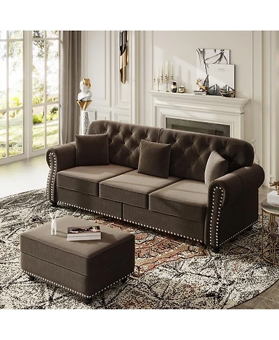 Maison Boucle 82.6'' Velvet Sofa and Ottoman, Chesterfield Nailhead, 3 Pillows