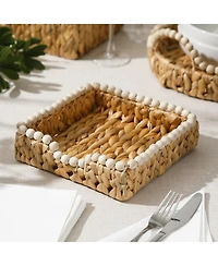 Gibson Home Woven Decorative Napkin Holder Tray - Water Hyacinth Square Basket with Wood-Bead Trim for Napkins