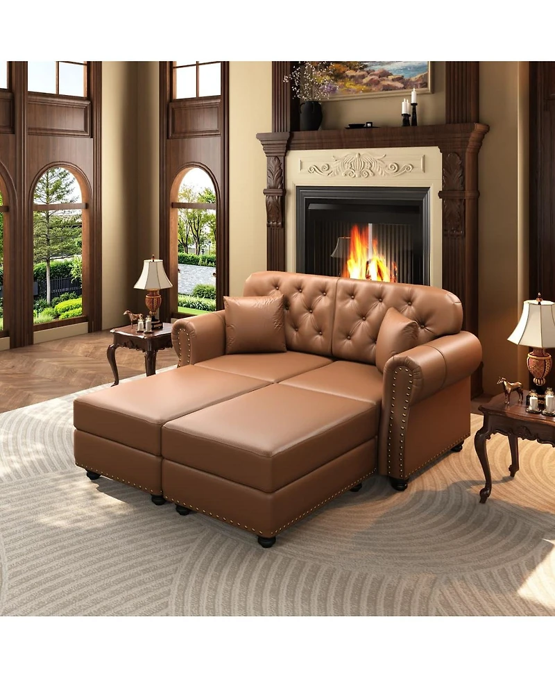 Maison Boucle 63'' Faux Leather Loveseat Set with 2 Ottomans, Nailhead Tufted