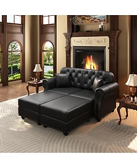 Maison Boucle 63'' Faux Leather Loveseat Set with 2 Ottomans, Nailhead Tufted