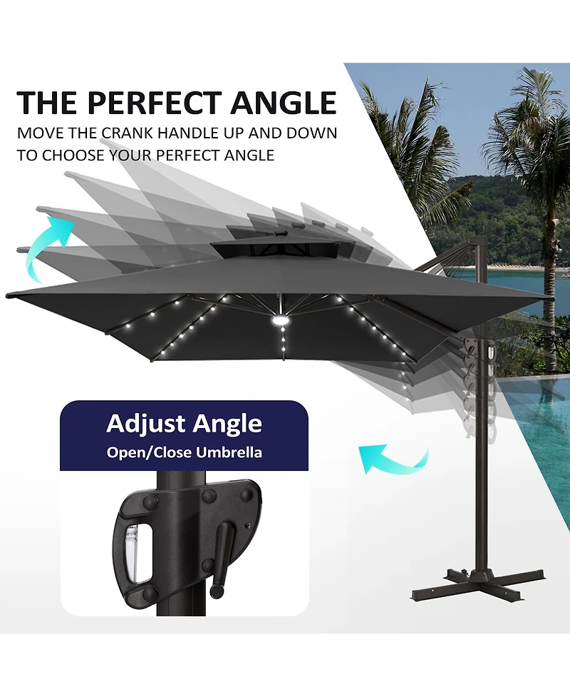 Pellebant Outdoor Patio 10X13Feet Aluminum Double Canopy Solar Lights Cantilever Umbrella with Wheel Base