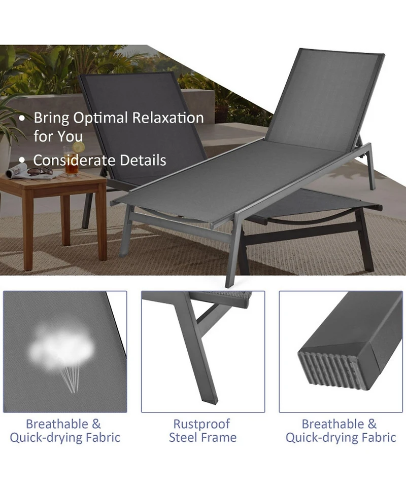 Gouun Outdoor Reclining Chaise Lounge Chair with 6-Position Adjustable Back