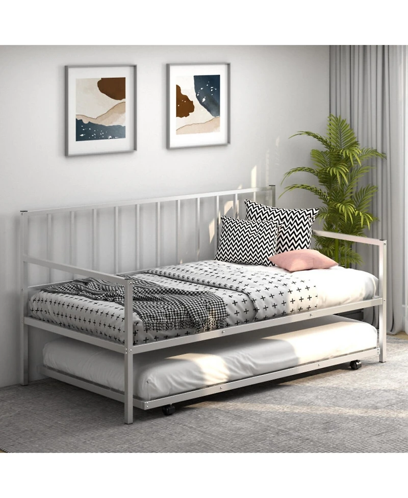 Gouun Twin Metal Daybed with Roll-Out Trundle and Slat Support