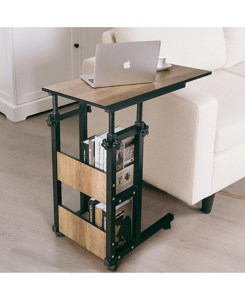 Gouun C-Shape Mobile End Table Adjustable Height Storage Shelves Rolling