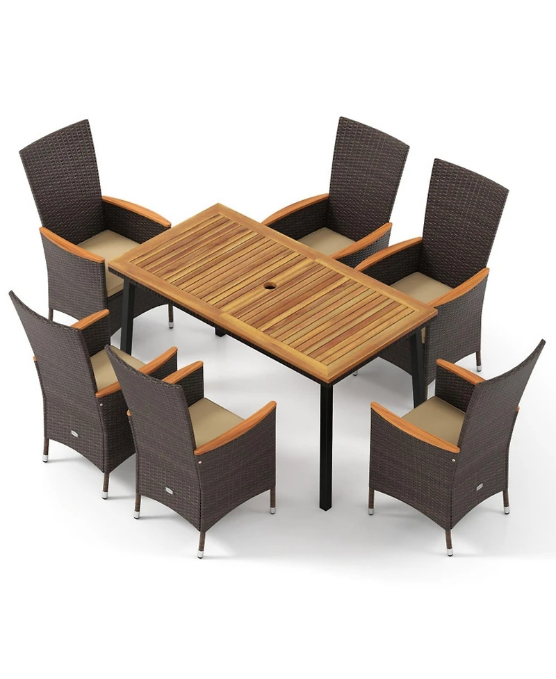Gouun 7-Piece Outdoor Wicker Dining Set with Acacia Wood Table