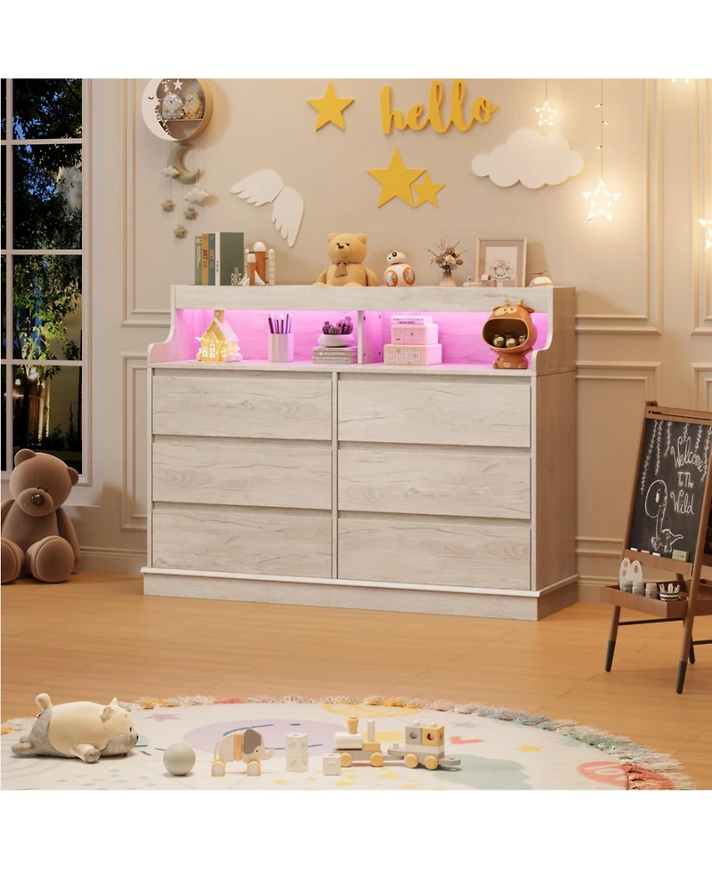 gaomon Dresser for Bedroom with 6 Drawers, Modern Chest Featuring Led Lights and Charging Station