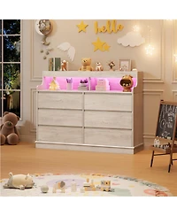 gaomon Dresser for Bedroom with 6 Drawers, Modern Chest Featuring Led Lights and Charging Station