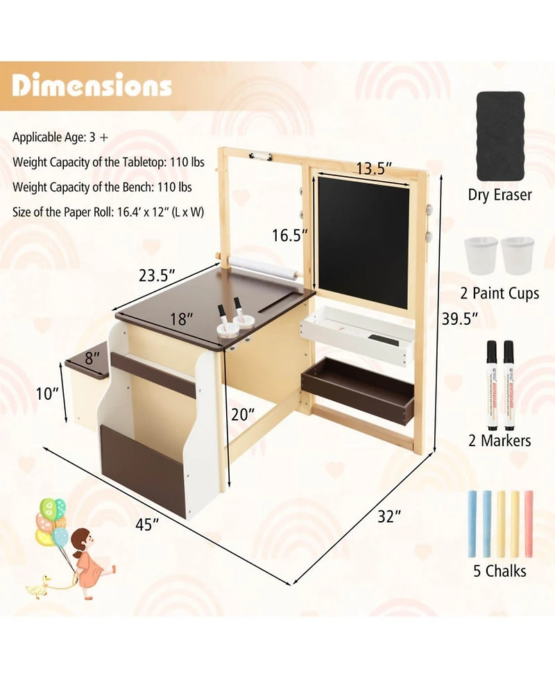 Gouun Kids Art Center with Double-Sided Easel and Storage Bench