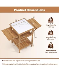 Gouun Acacia Wood Grill Table with Faux Marble Top and Drop-Leaf Sides