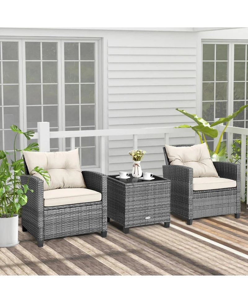 Gouun 3-Piece Outdoor Wicker Conversation Set with Glass Table