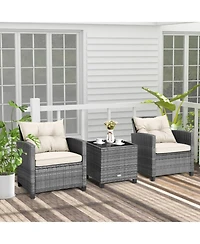 Gouun 3-Piece Outdoor Wicker Conversation Set with Glass Table