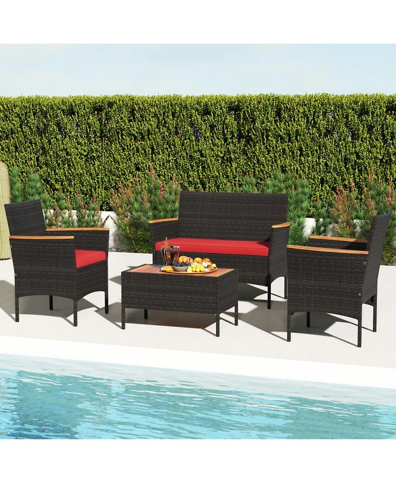 Gouun 4-Piece Patio Wicker Sofa Set with Loveseat, 2 Chairs and Coffee Table