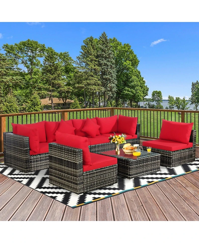 Gouun 7-Piece Patio Sectional Sofa Set with Cushions and Glass Table