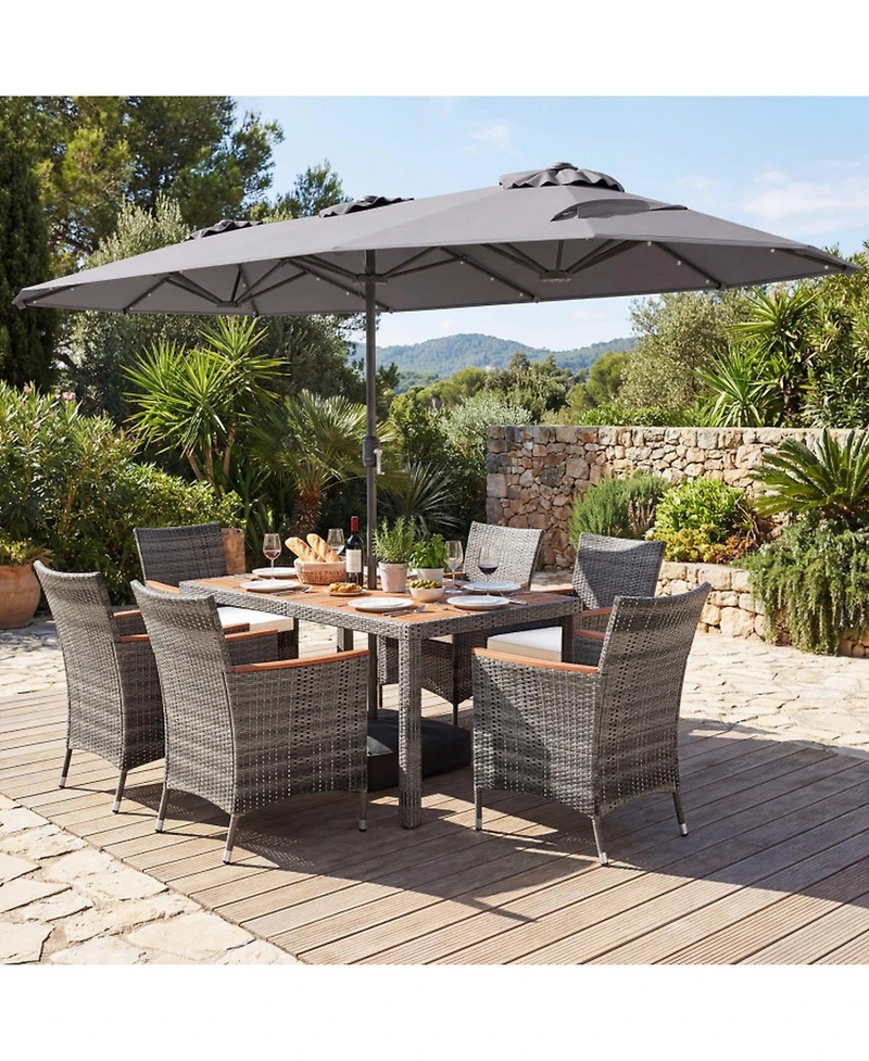Gouun 8-Piece Outdoor Wicker Dining Set with 13.5 Ft Double-Sided Solar Led Umbrella
