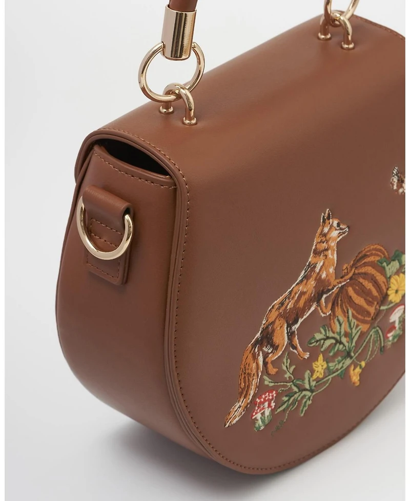Fable England Women's Fox and Pumpkin Embroidered Tan Saddle Bag