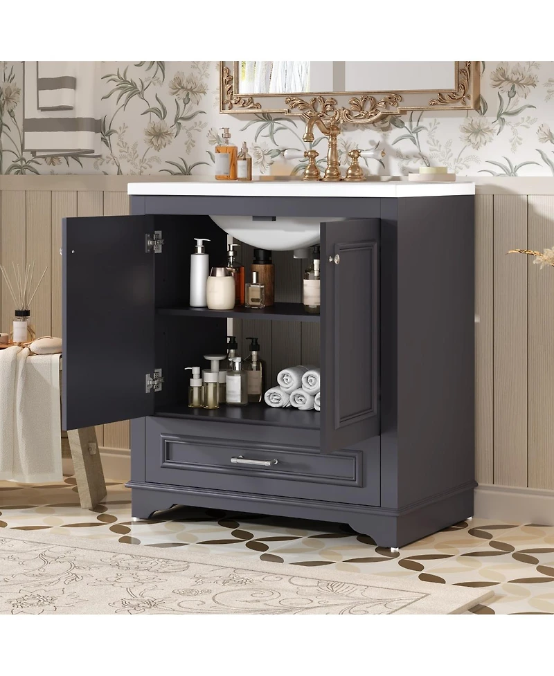 Sillysis Bathroom Vanity with Ceramic Sink, Drawer 2 Soft Close Doors, Adjustable Shelf Storage for Modern