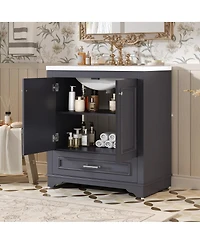 Sillysis Bathroom Vanity with Ceramic Sink, Drawer 2 Soft Close Doors, Adjustable Shelf Storage for Modern