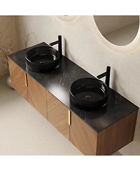 Sillysis 60 Inch Double Sink Bathroom Vanity, Sintered Stone Top, Double Glass Vessel Sink, Soft Close Large Storage