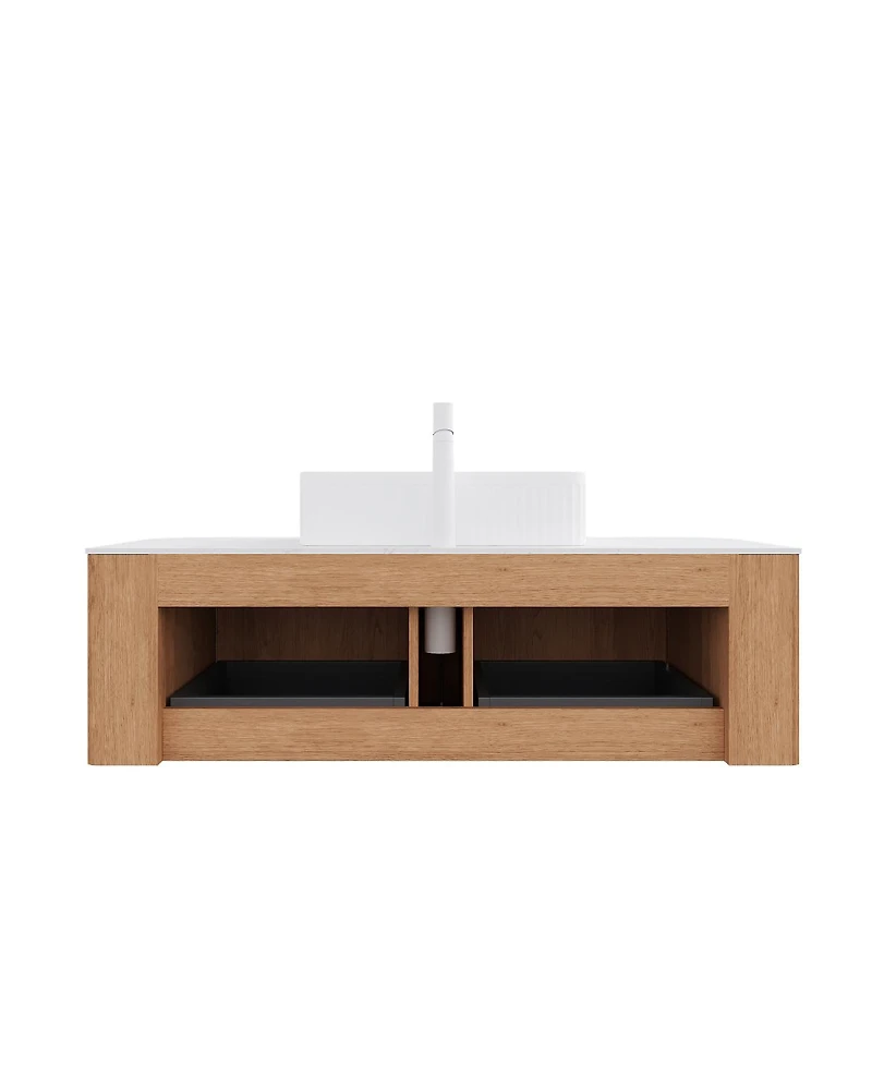 Sillysis Wall Mounted Bathroom Vanity with Rectangular Ceramic Sink, Modern Wood Grain Cabinet, Soft Close Drawer, Pre-assembled